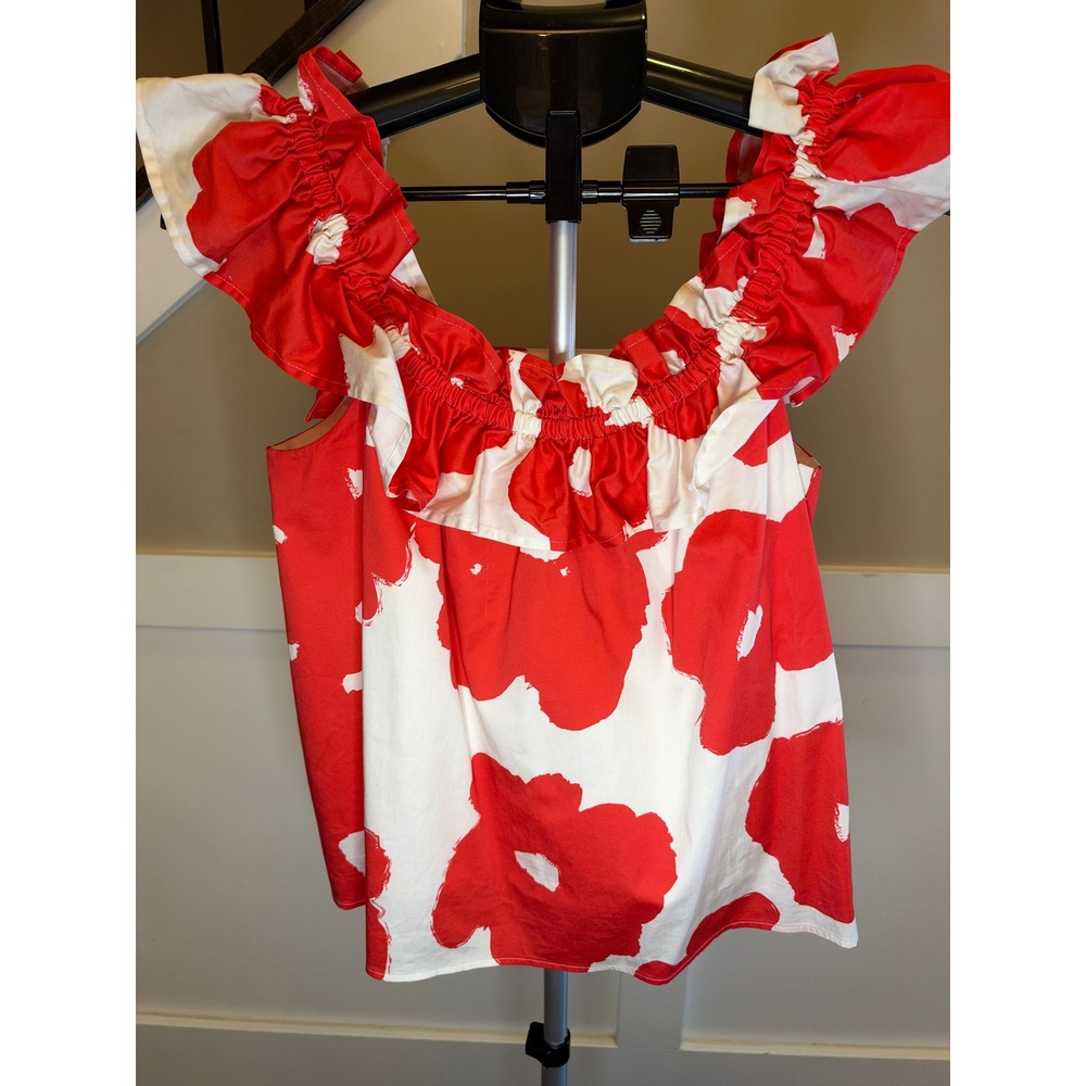 Crosby by Mollie Burch Orange Red White Floral Ruffle Neck Sleeveless Top Small